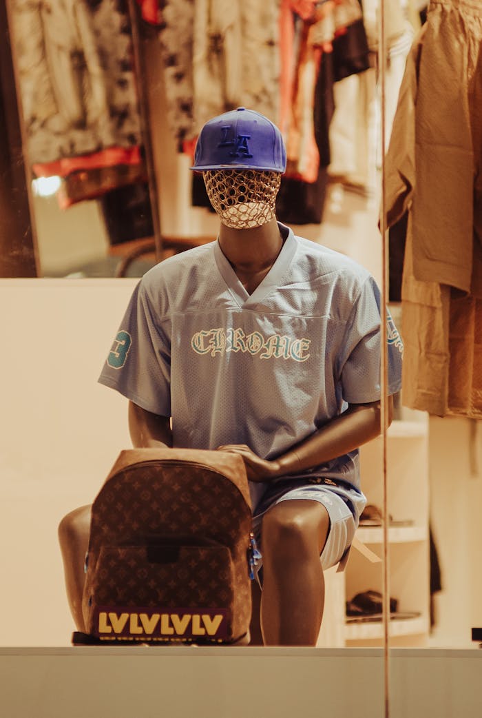 A stylish mannequin in a store window wearing a sporty outfit and holding a designer backpack.
