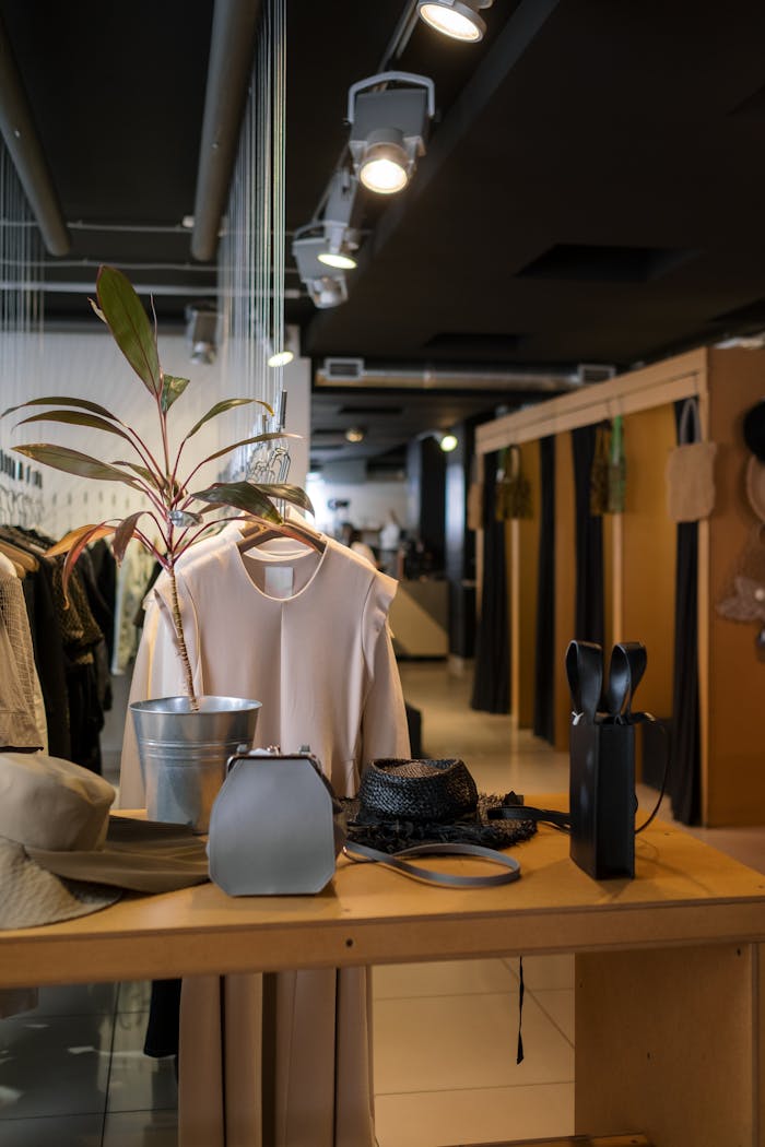 Stylish clothing store interior with modern retail display showcasing fashion and accessories.
